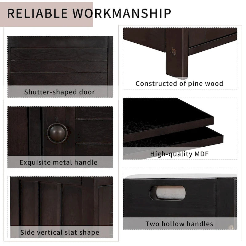 43-Inch Rustic Pine Storage Bench with Shutter Doors and Cushion
