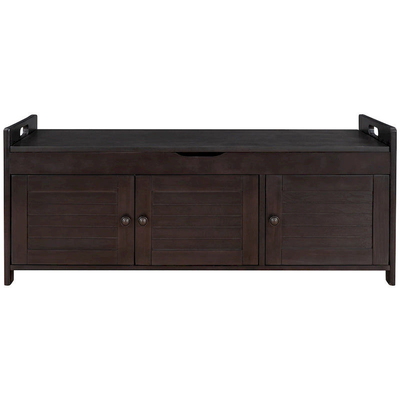 43-Inch Rustic Pine Storage Bench with Shutter Doors and Cushion