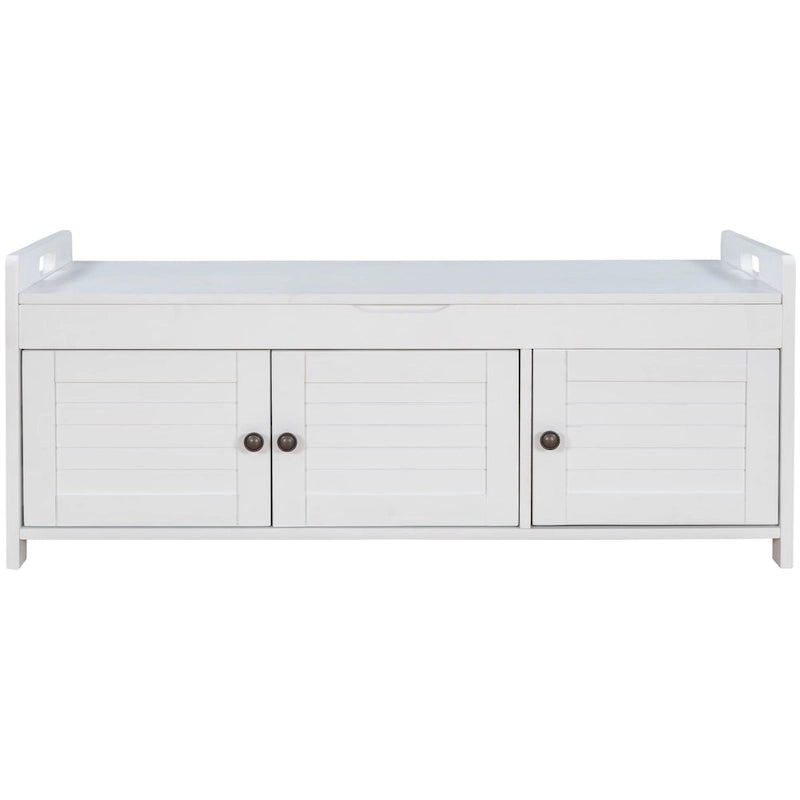43-Inch Rustic Pine Storage Bench with Shutter Doors and Cushion