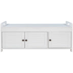 43-Inch Rustic Pine Storage Bench with Shutter Doors and Cushion