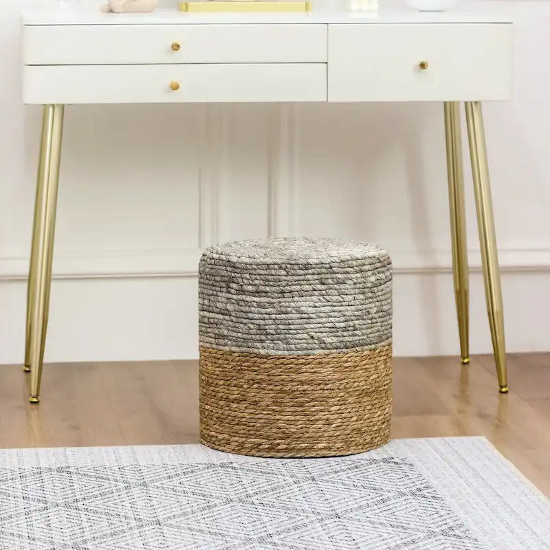 Round Natural Cattail Hand-Woven Ottoman Foot Stool with Wood Frame