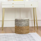 Round Natural Cattail Hand-Woven Ottoman Foot Stool with Wood Frame