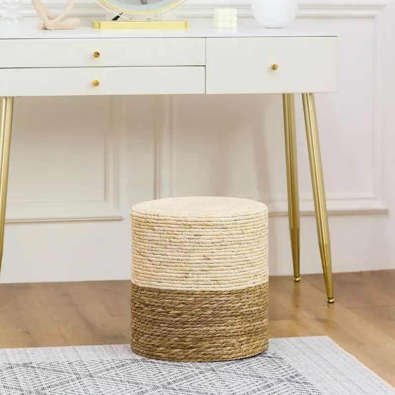 Round Natural Cattail Hand-Woven Ottoman Foot Stool with Wood Frame