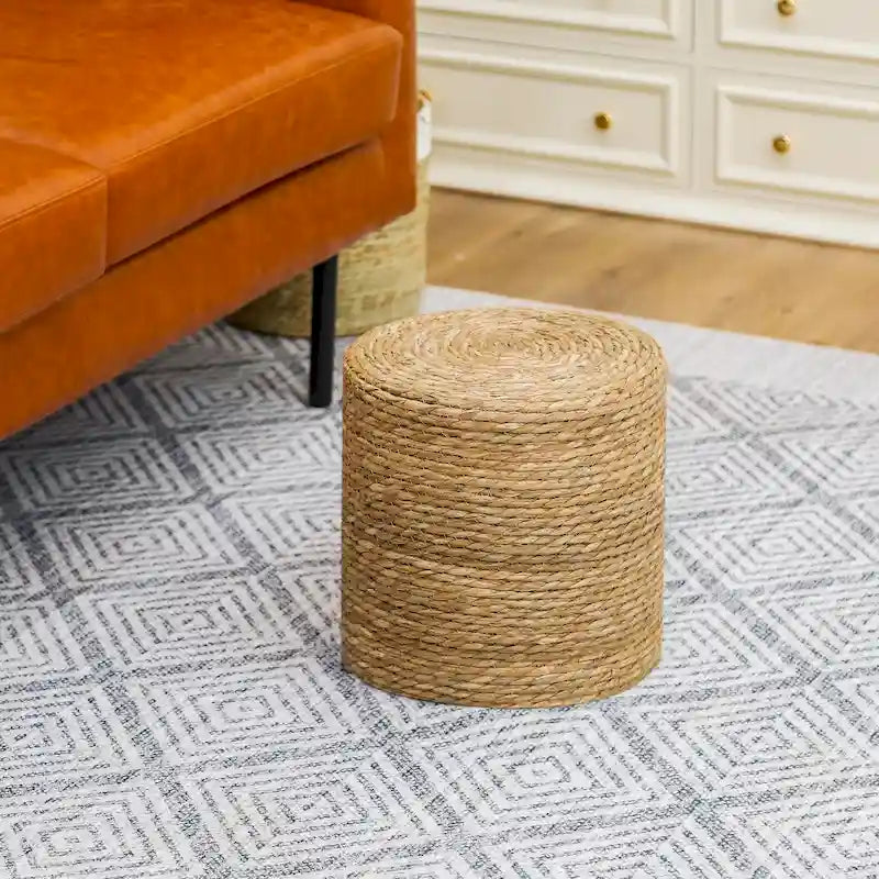 Round Natural Cattail Hand-Woven Ottoman Foot Stool with Wood Frame