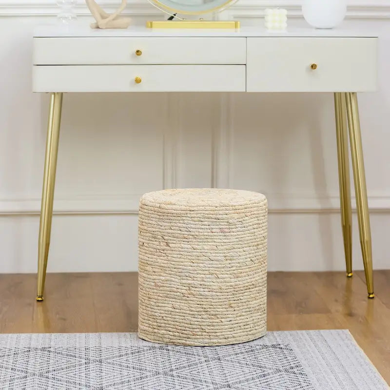 Round Natural Cattail Hand-Woven Ottoman Foot Stool with Wood Frame