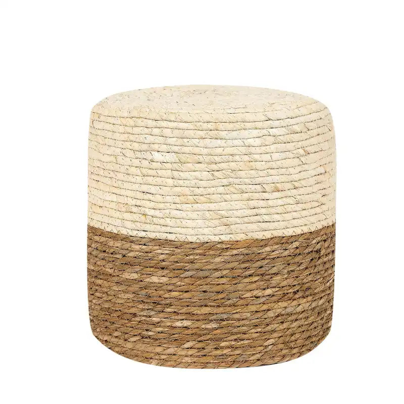 Round Natural Cattail Hand-Woven Ottoman Foot Stool with Wood Frame