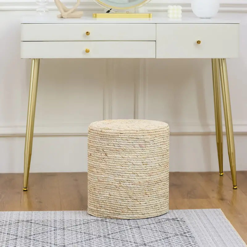 Round Natural Cattail Hand-Woven Ottoman Foot Stool with Wood Frame