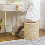 Round Natural Cattail Hand-Woven Ottoman Foot Stool with Wood Frame