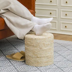Round Natural Cattail Hand-Woven Ottoman Foot Stool with Wood Frame