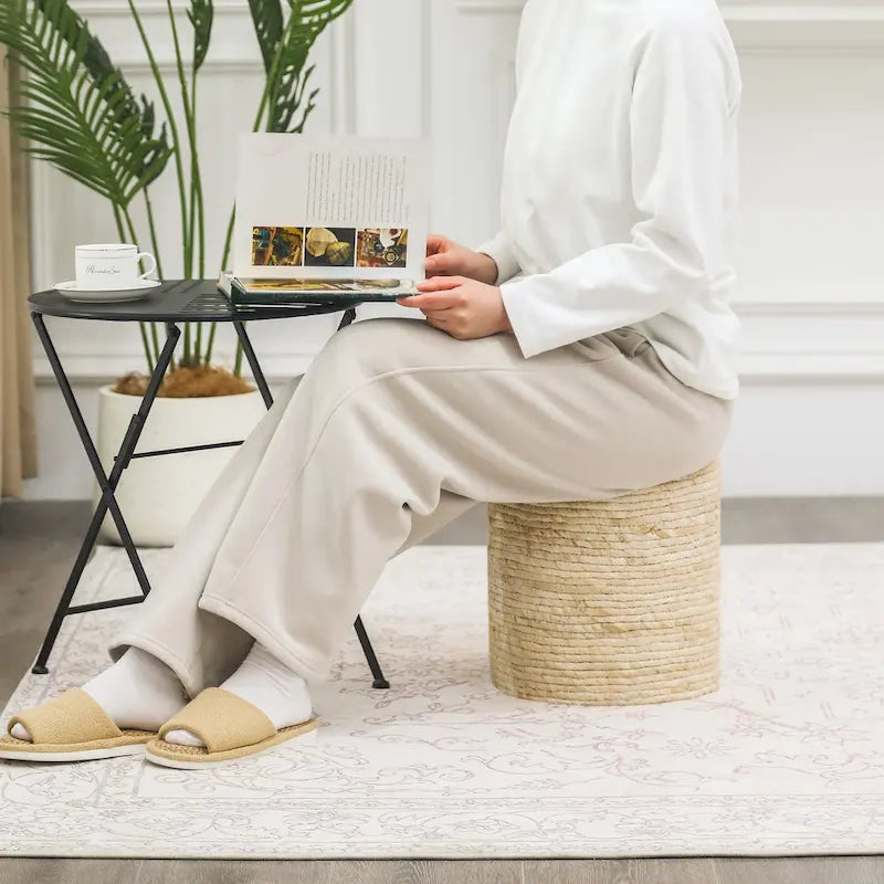 Round Natural Cattail Hand-Woven Ottoman Foot Stool with Wood Frame