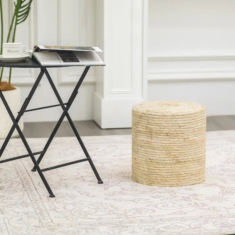 Round Natural Cattail Hand-Woven Ottoman Foot Stool with Wood Frame