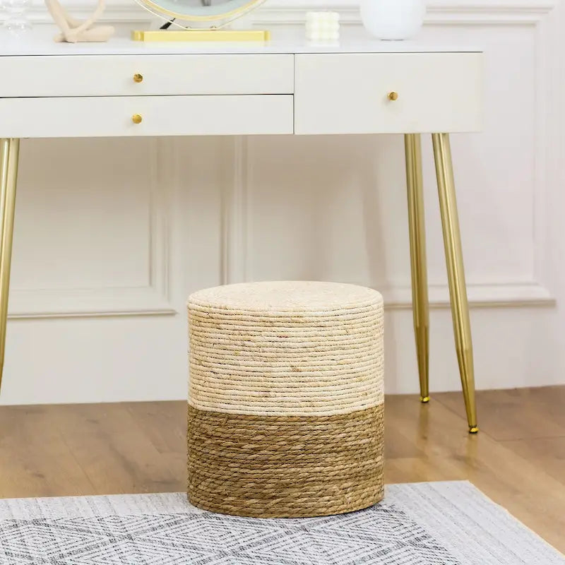 Round Natural Cattail Hand-Woven Ottoman Foot Stool with Wood Frame