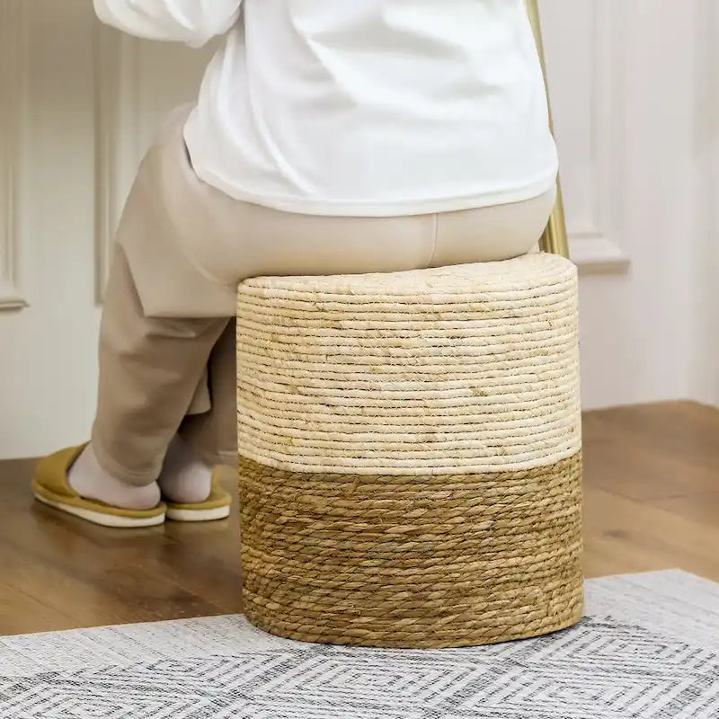 Round Natural Cattail Hand-Woven Ottoman Foot Stool with Wood Frame