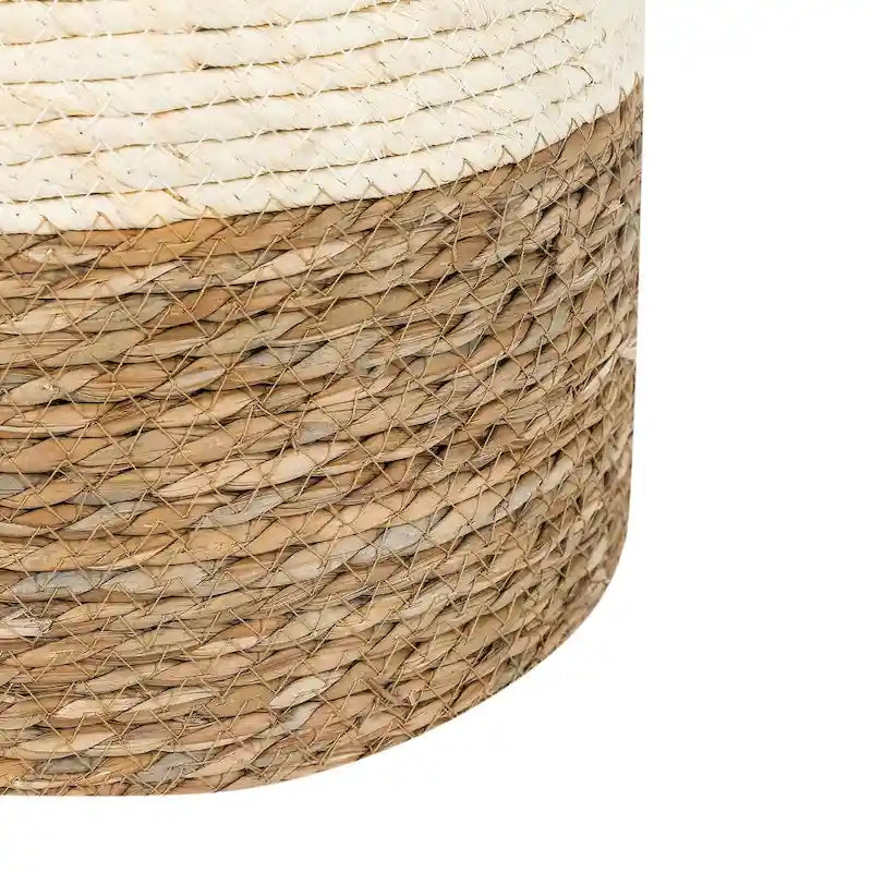 Round Natural Cattail Hand-Woven Ottoman Foot Stool with Wood Frame