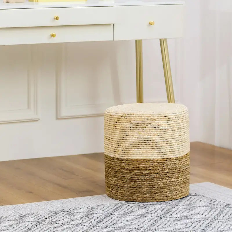 Round Natural Cattail Hand-Woven Ottoman Foot Stool with Wood Frame