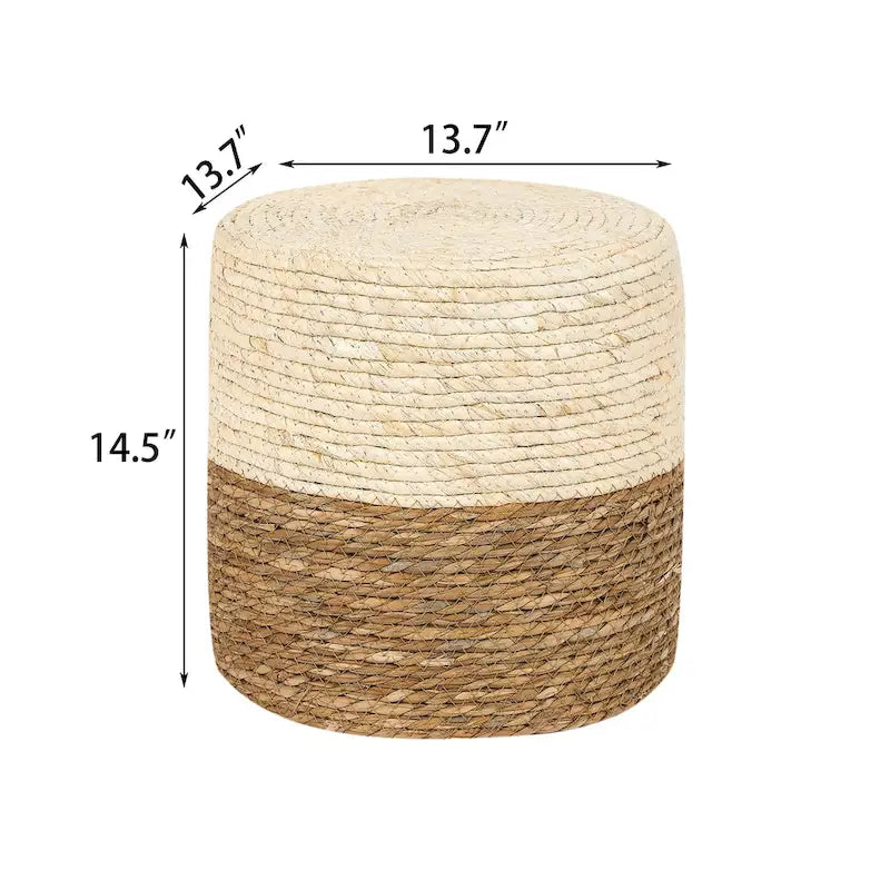 Round Natural Cattail Hand-Woven Ottoman Foot Stool with Wood Frame