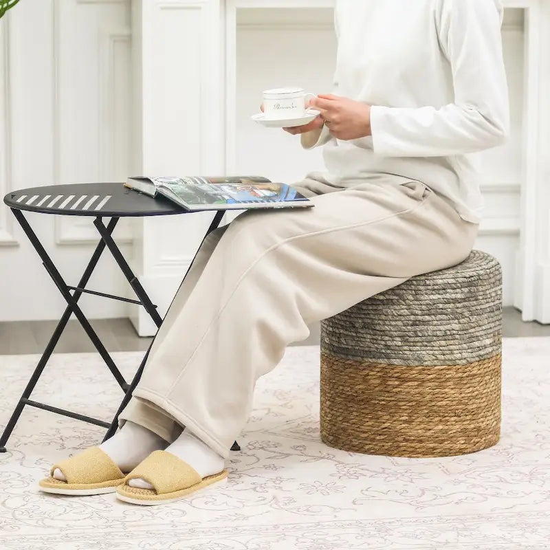 Round Natural Cattail Hand-Woven Ottoman Foot Stool with Wood Frame