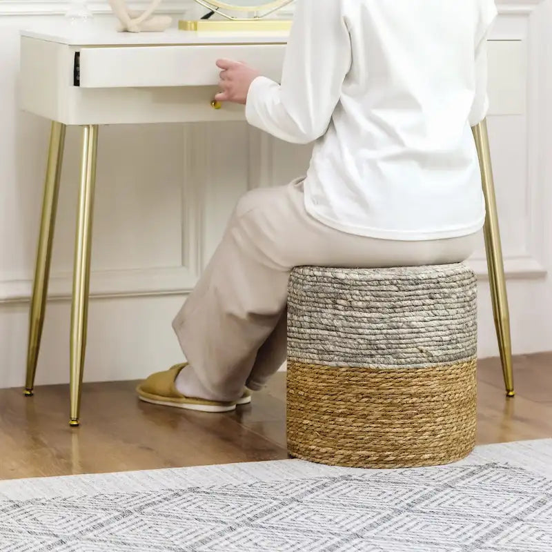 Round Natural Cattail Hand-Woven Ottoman Foot Stool with Wood Frame