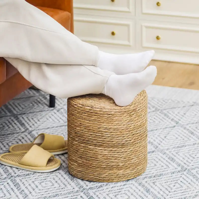 Round Natural Cattail Hand-Woven Ottoman Foot Stool with Wood Frame
