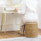 Round Natural Cattail Hand-Woven Ottoman Foot Stool with Wood Frame