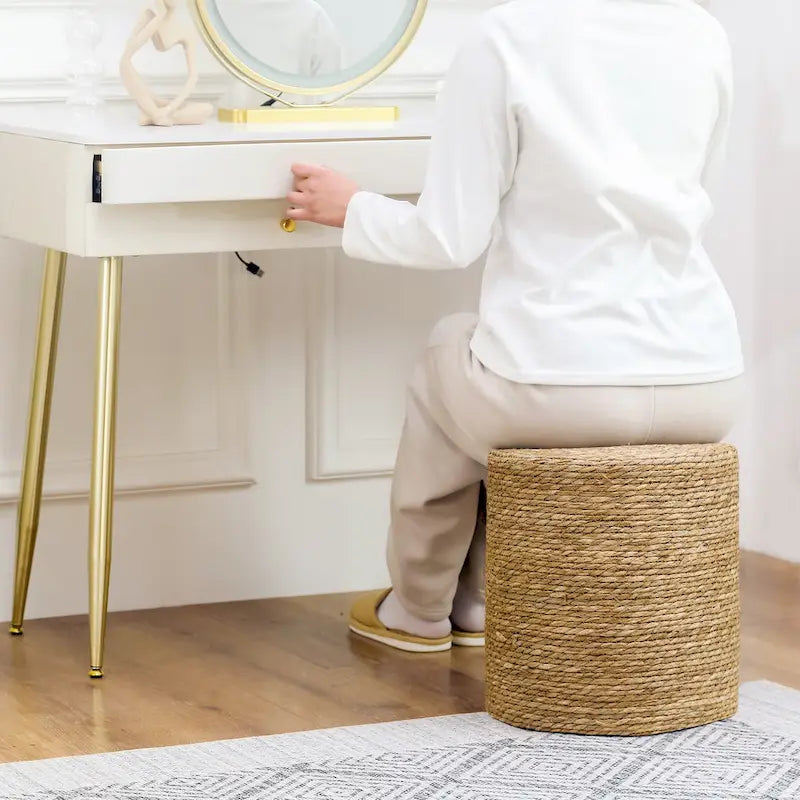 Round Natural Cattail Hand-Woven Ottoman Foot Stool with Wood Frame