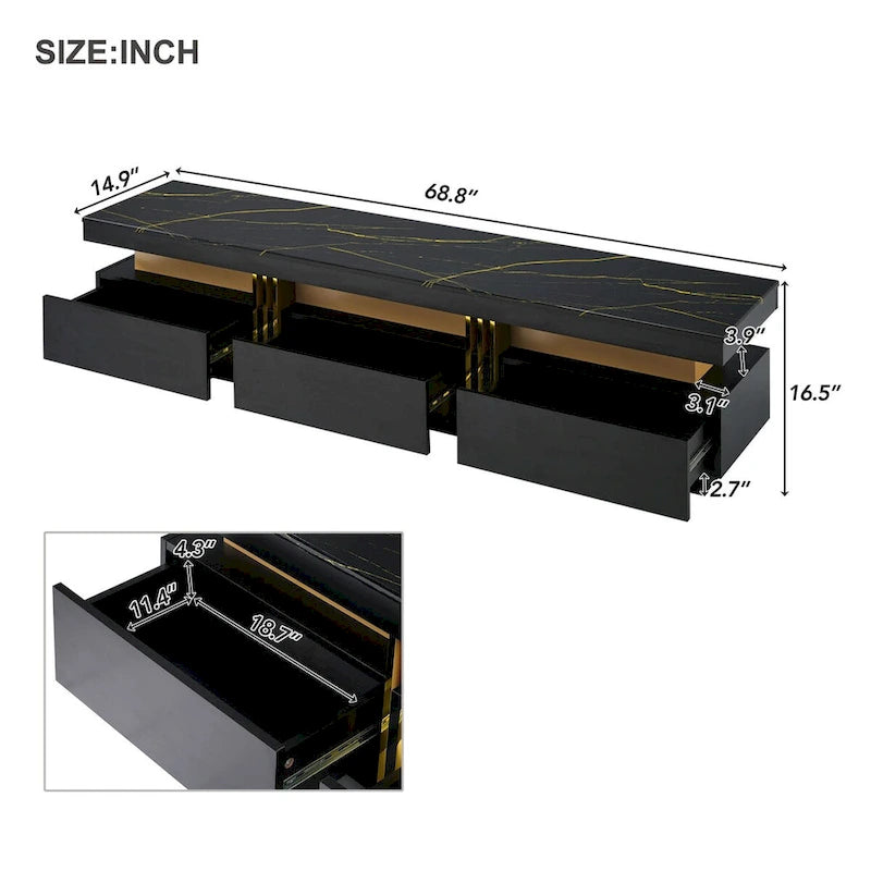 68-Inch Faux Marble Top TV Stand with Three Drawers