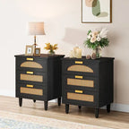 20-Inch Green 3-Drawer Wood Bedside Nightstand with Rattan Accents