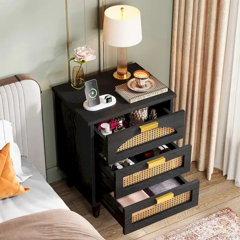 20-Inch Green 3-Drawer Wood Bedside Nightstand with Rattan Accents