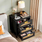 20-Inch Green 3-Drawer Wood Bedside Nightstand with Rattan Accents
