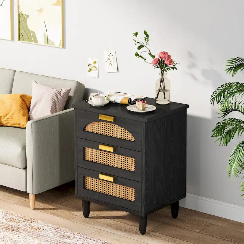 20-Inch Green 3-Drawer Wood Bedside Nightstand with Rattan Accents