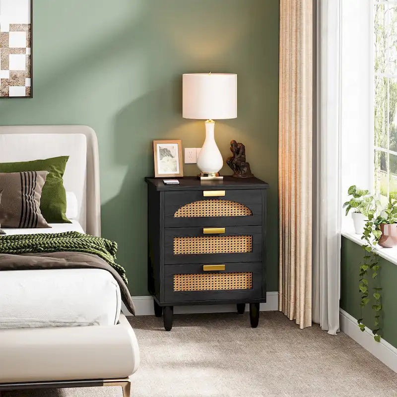 20-Inch Green 3-Drawer Wood Bedside Nightstand with Rattan Accents