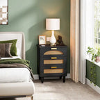 20-Inch Green 3-Drawer Wood Bedside Nightstand with Rattan Accents