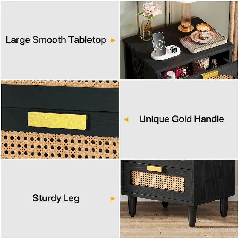 20-Inch Green 3-Drawer Wood Bedside Nightstand with Rattan Accents