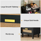 20-Inch Green 3-Drawer Wood Bedside Nightstand with Rattan Accents