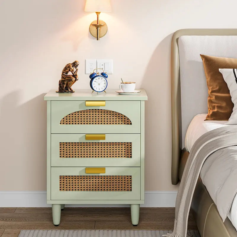 20-Inch Green 3-Drawer Wood Bedside Nightstand with Rattan Accents