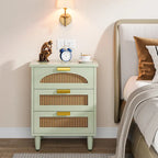 20-Inch Green 3-Drawer Wood Bedside Nightstand with Rattan Accents
