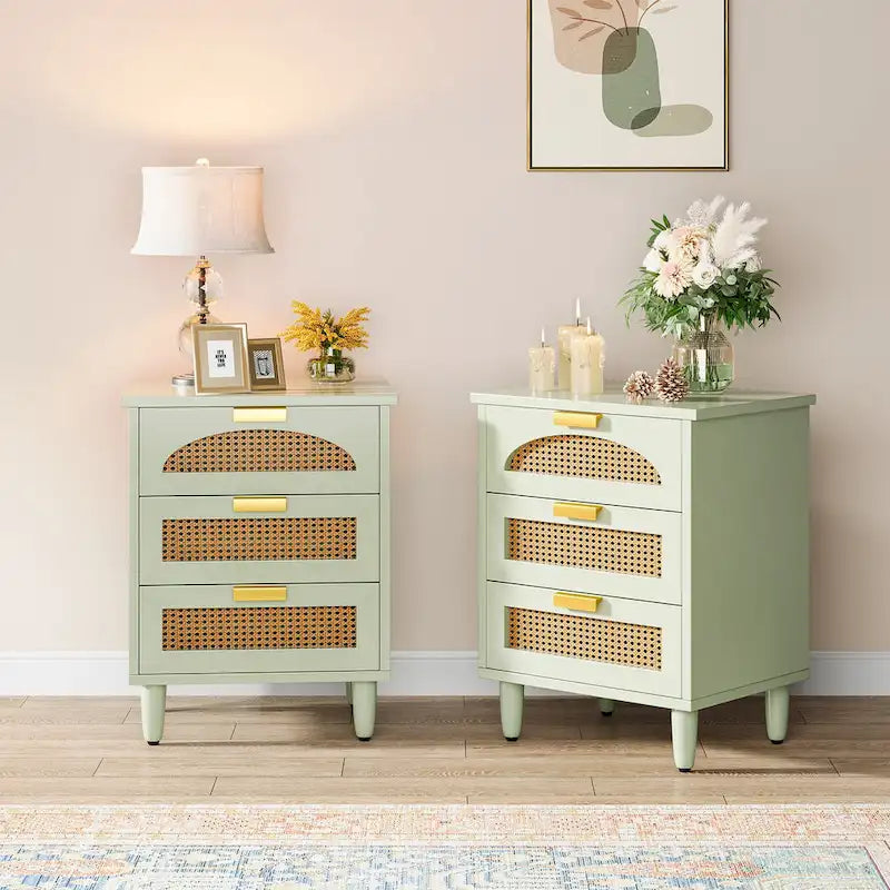 20-Inch Green 3-Drawer Wood Bedside Nightstand with Rattan Accents