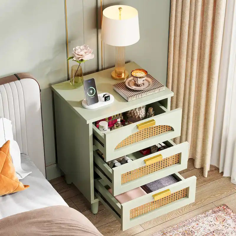 20-Inch Green 3-Drawer Wood Bedside Nightstand with Rattan Accents