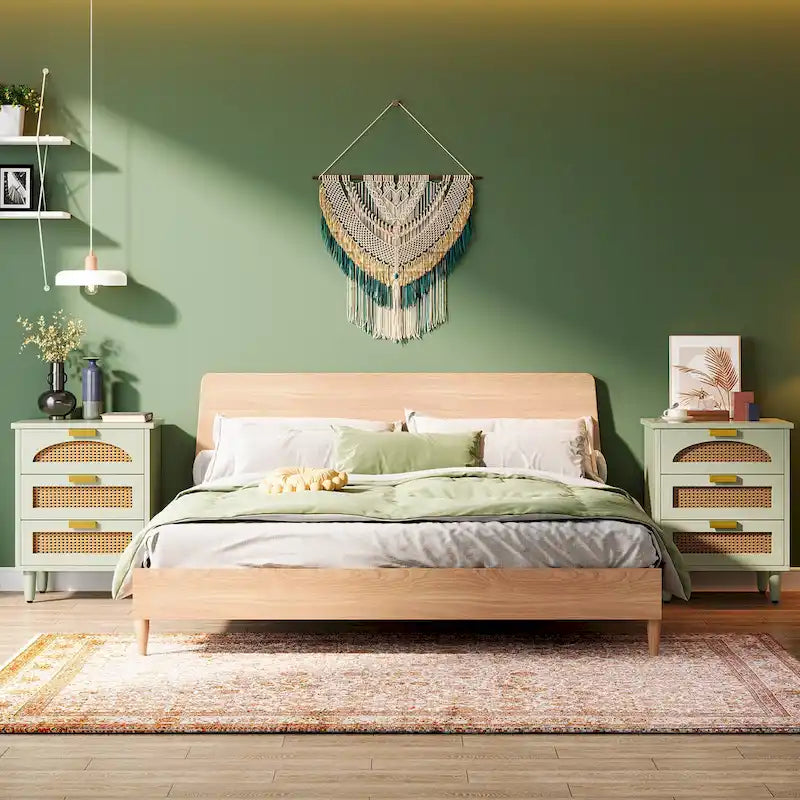 20-Inch Green 3-Drawer Wood Bedside Nightstand with Rattan Accents