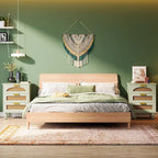 20-Inch Green 3-Drawer Wood Bedside Nightstand with Rattan Accents