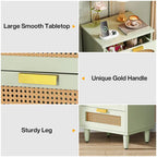 20-Inch Green 3-Drawer Wood Bedside Nightstand with Rattan Accents