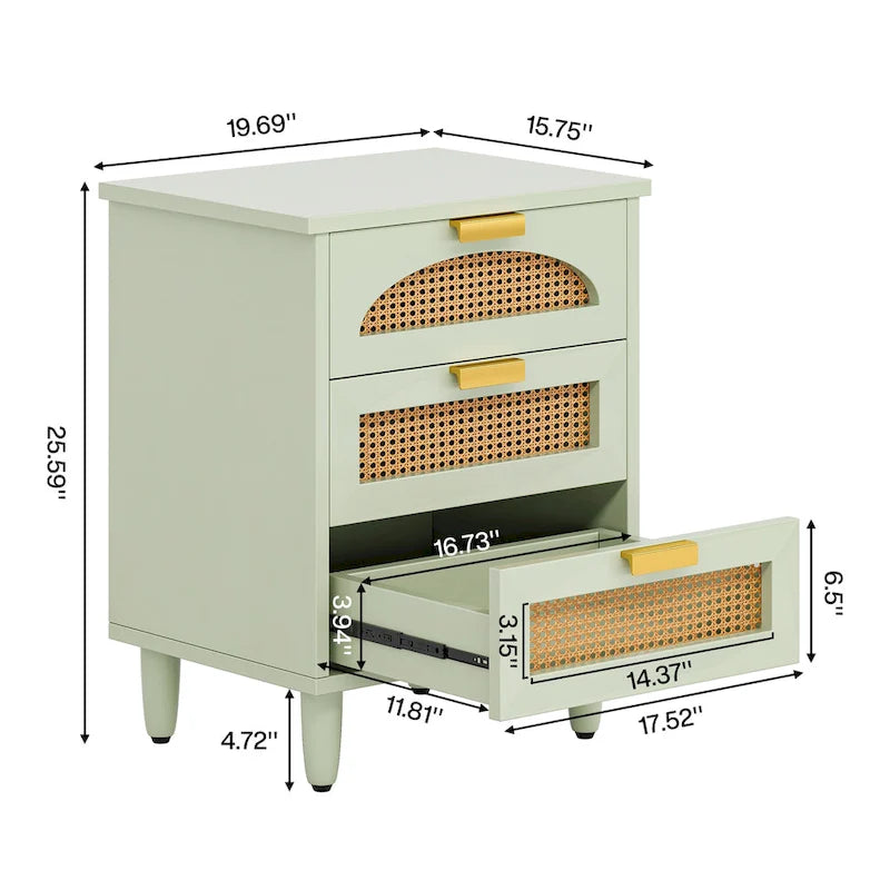 20-Inch Green 3-Drawer Wood Bedside Nightstand with Rattan Accents
