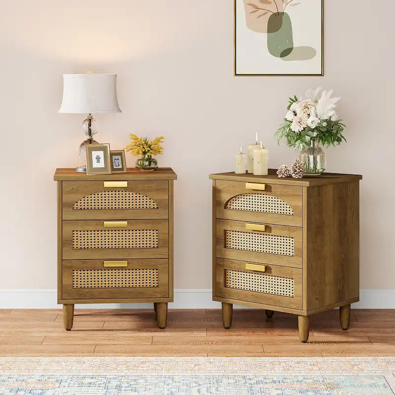 20-Inch Green 3-Drawer Wood Bedside Nightstand with Rattan Accents