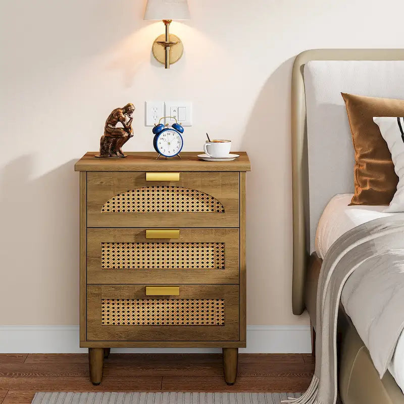 20-Inch Green 3-Drawer Wood Bedside Nightstand with Rattan Accents