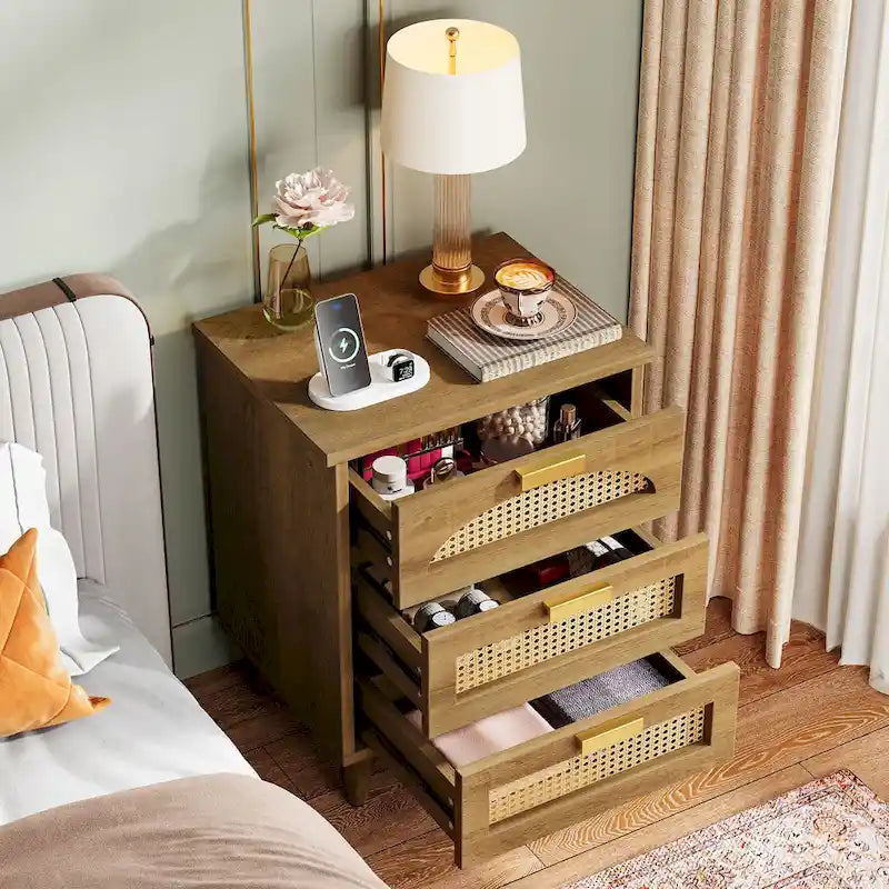 20-Inch Green 3-Drawer Wood Bedside Nightstand with Rattan Accents