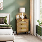 20-Inch Green 3-Drawer Wood Bedside Nightstand with Rattan Accents