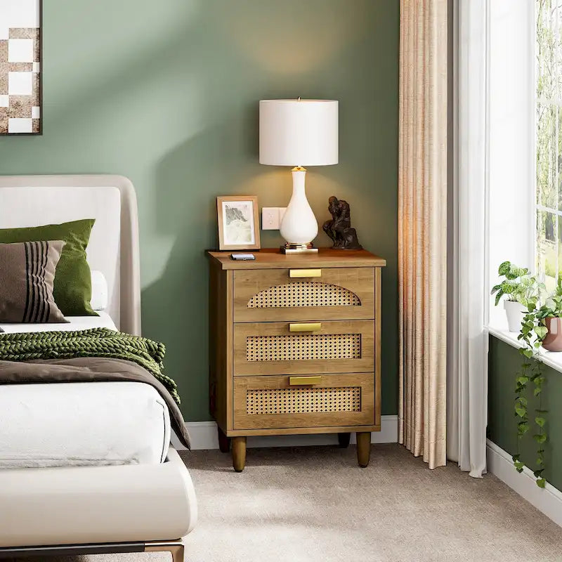 20-Inch Green 3-Drawer Wood Bedside Nightstand with Rattan Accents
