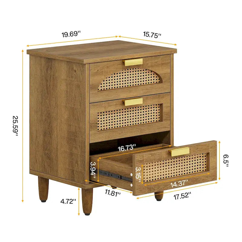 20-Inch Green 3-Drawer Wood Bedside Nightstand with Rattan Accents
