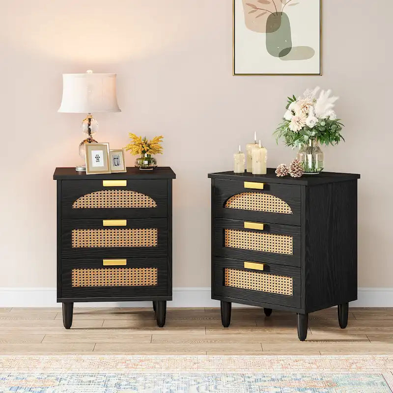 20-Inch Green 3-Drawer Wood Bedside Nightstand with Rattan Accents