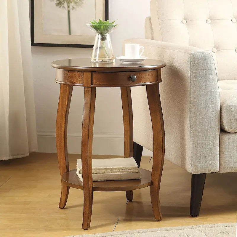 18-Inch Walnut Round End Table with Drawer and Bottom Shelf